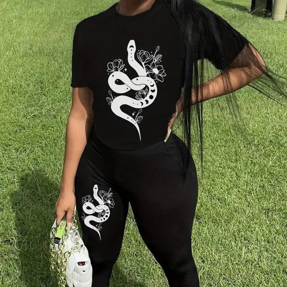 High Quality Pants - Snake Print Tee Two-piece Set